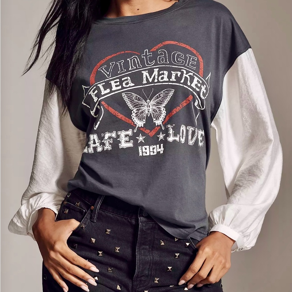 Anthropologie Pilcro Vintage Flea Market Long Sleeve Tee - Gray and White